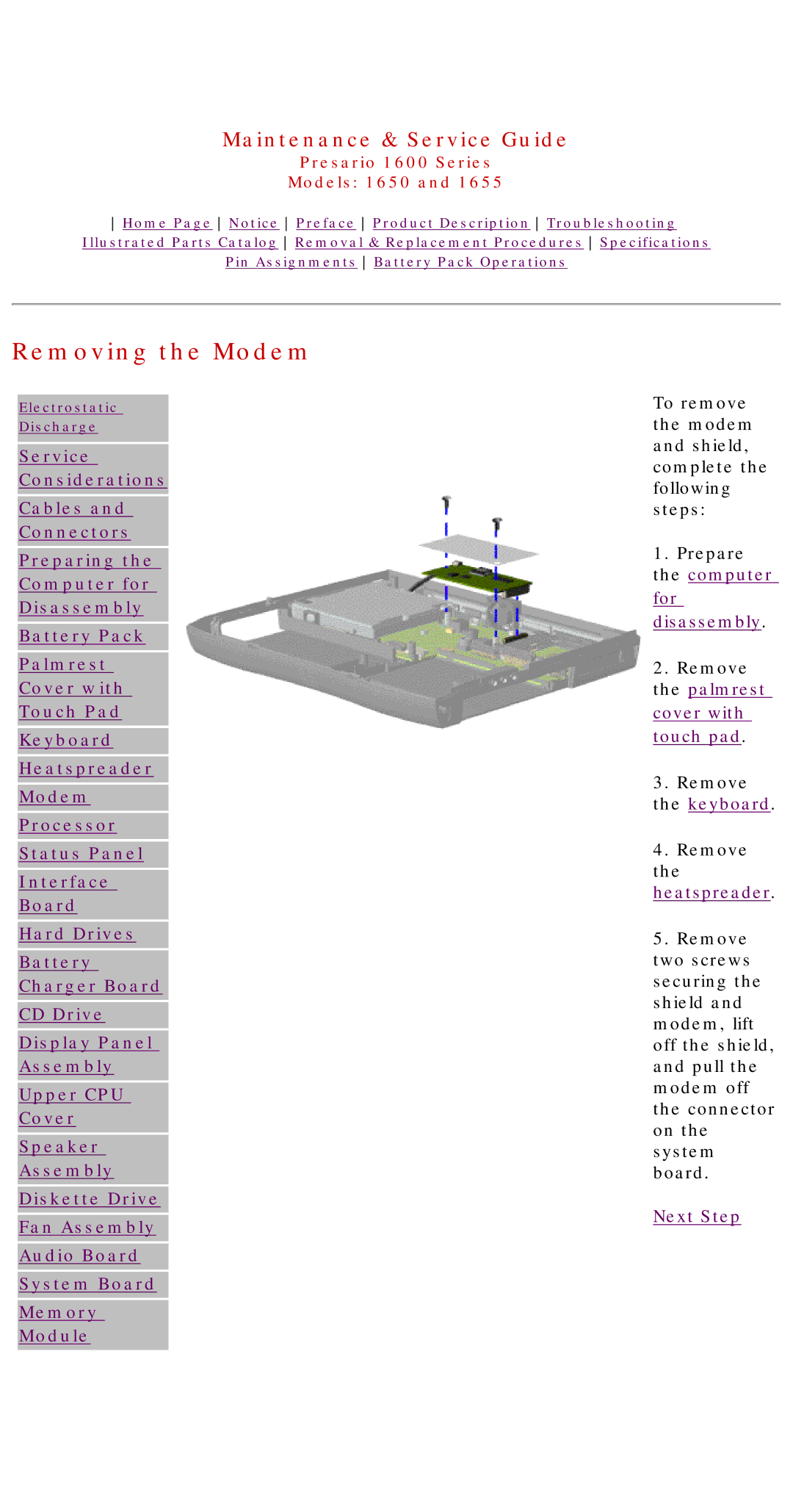 Compaq Presario 1600 Series, 1650, 1655 manual Removing the Modem 