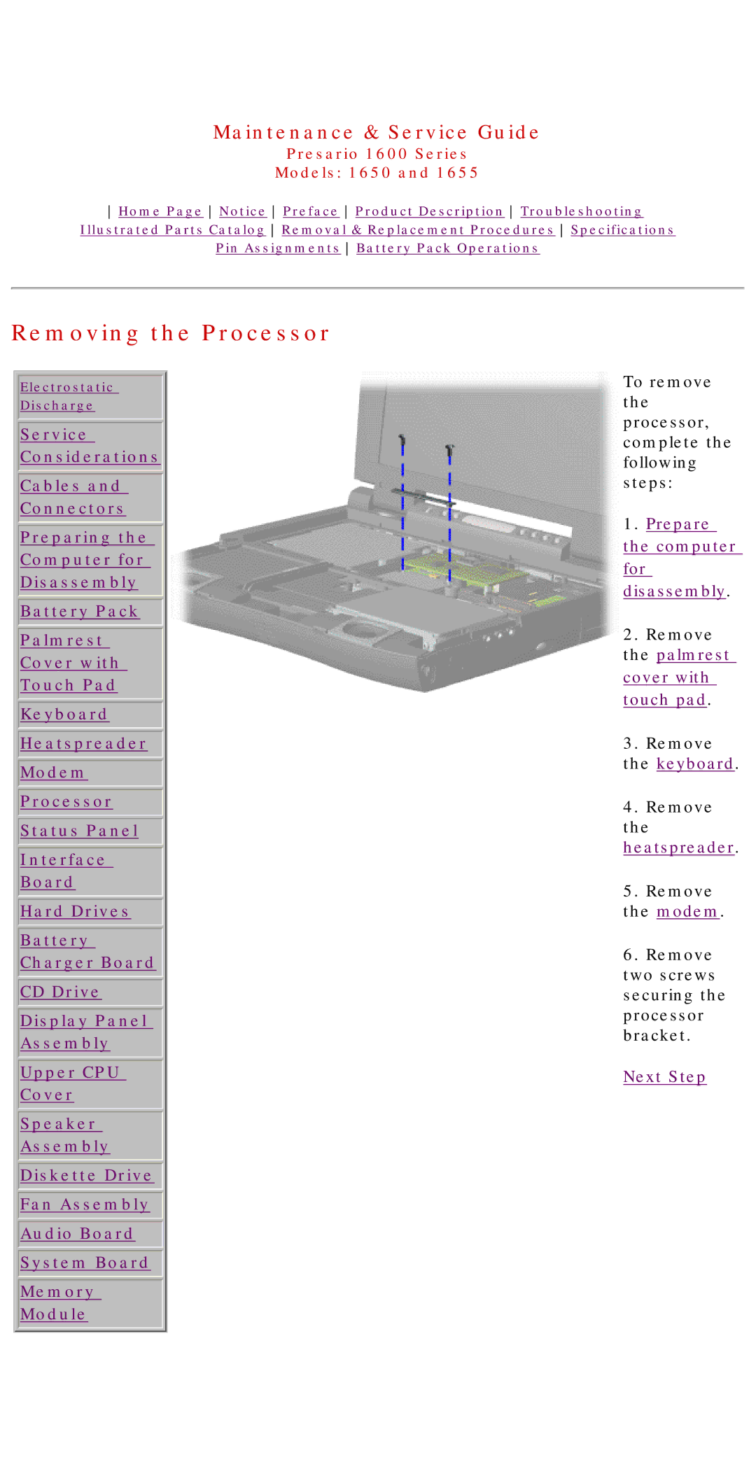 Compaq 1655, Presario 1600 Series, 1650 manual Removing the Processor 