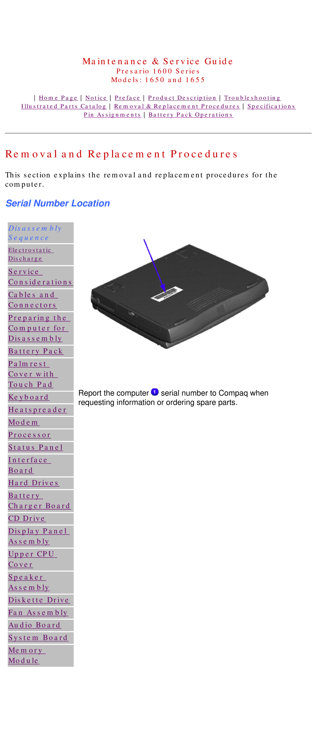 Compaq 1650, Presario 1600 Series, 1655 manual Removal and Replacement Procedures, Serial Number Location 