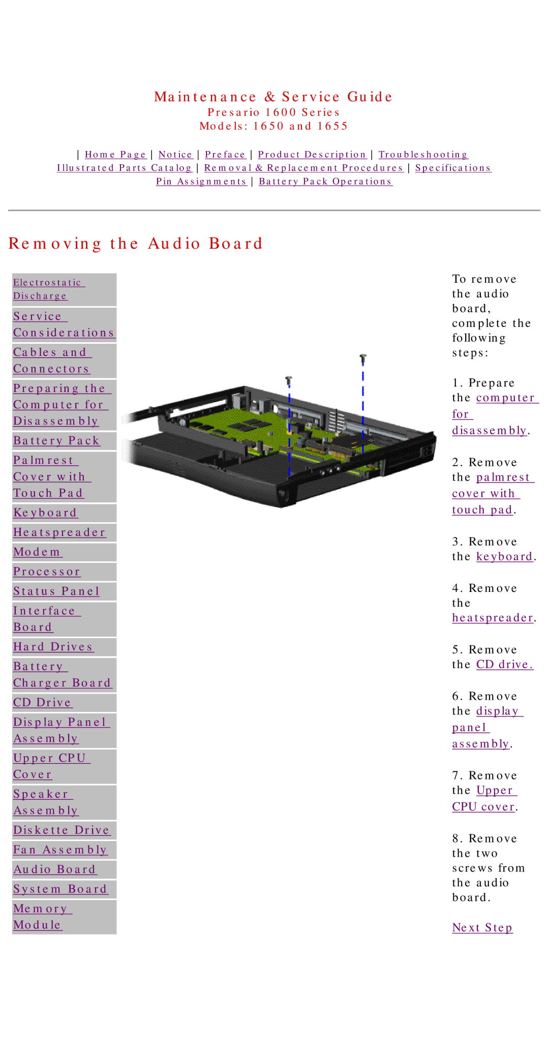 Compaq 1650, Presario 1600 Series, 1655 manual Removing the Audio Board 