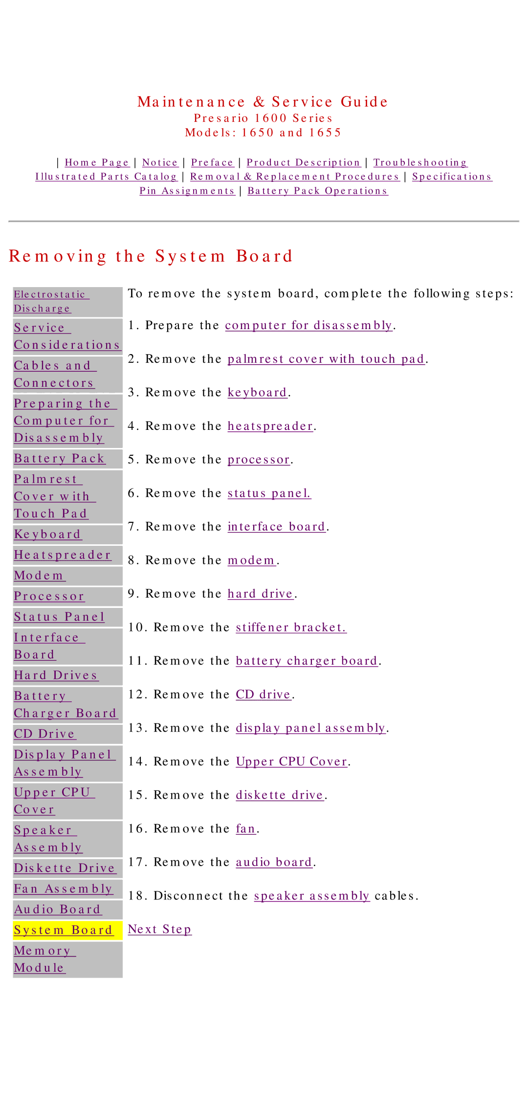 Compaq Presario 1600 Series, 1650, 1655 manual Removing the System Board 