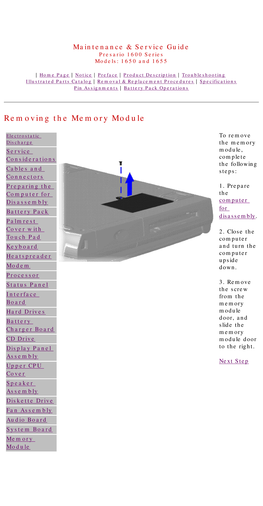 Compaq 1650, Presario 1600 Series, 1655 manual Removing the Memory Module 