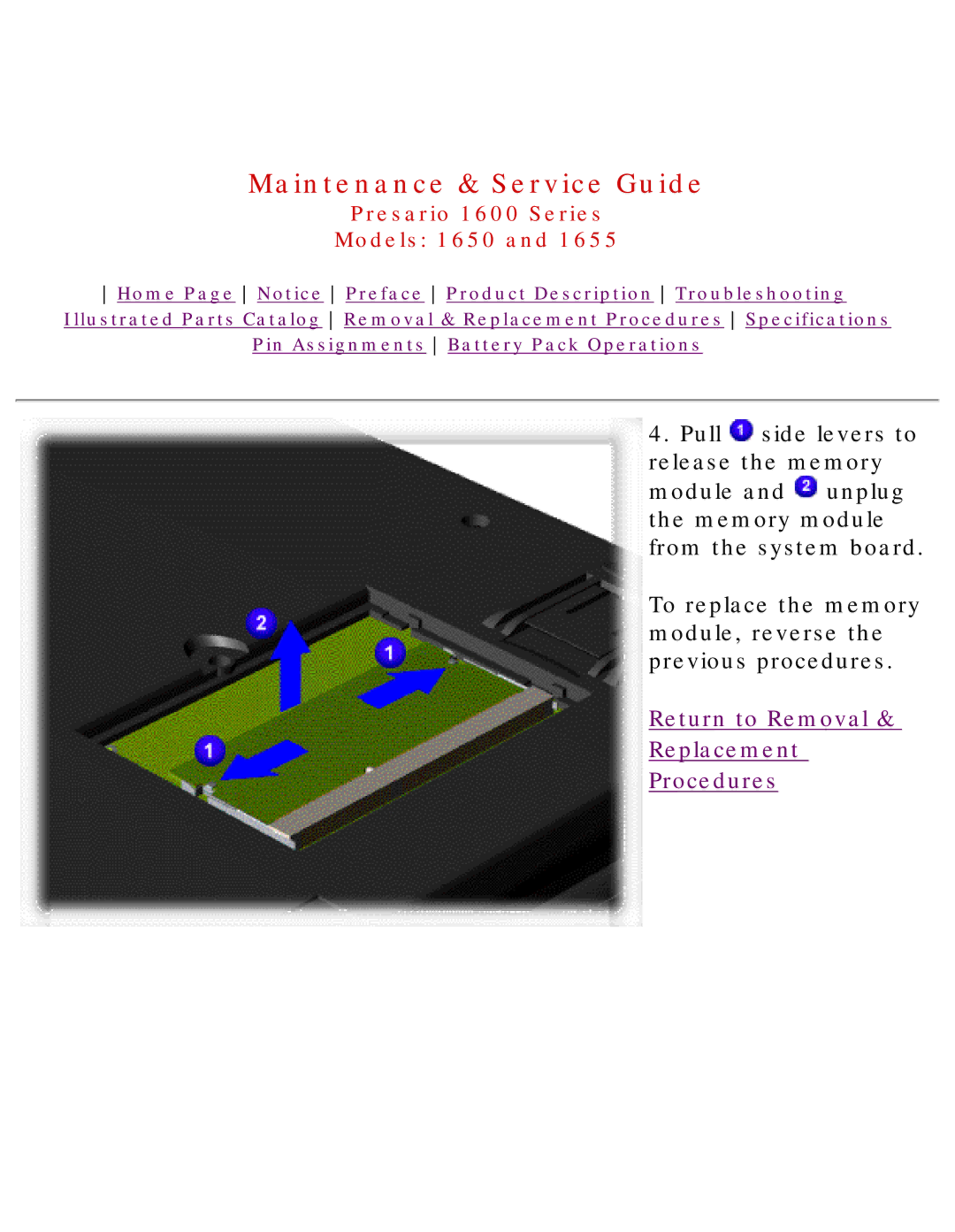Compaq 1655, Presario 1600 Series, 1650 manual Return to Removal Replacement Procedures 
