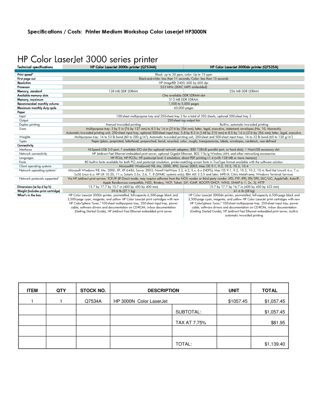 Compaq Presario 3000 Series technical specifications HP Color LaserJet 3000 series printer 