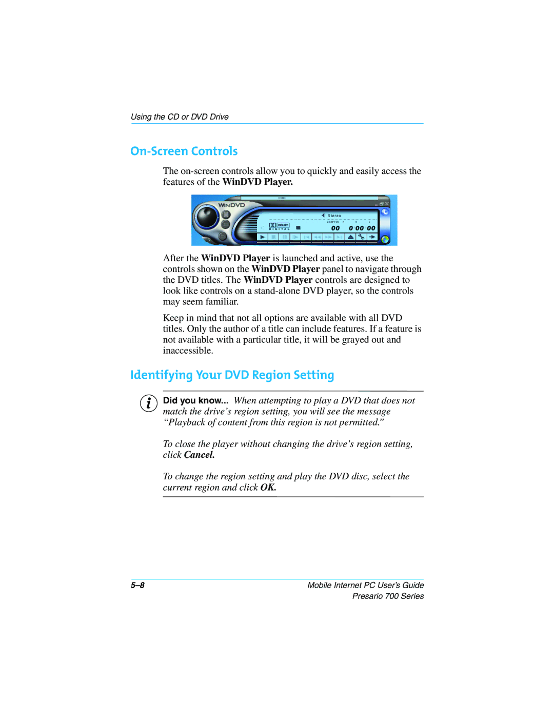 Compaq Presario 700 manual On-Screen Controls, Identifying Your DVD Region Setting 