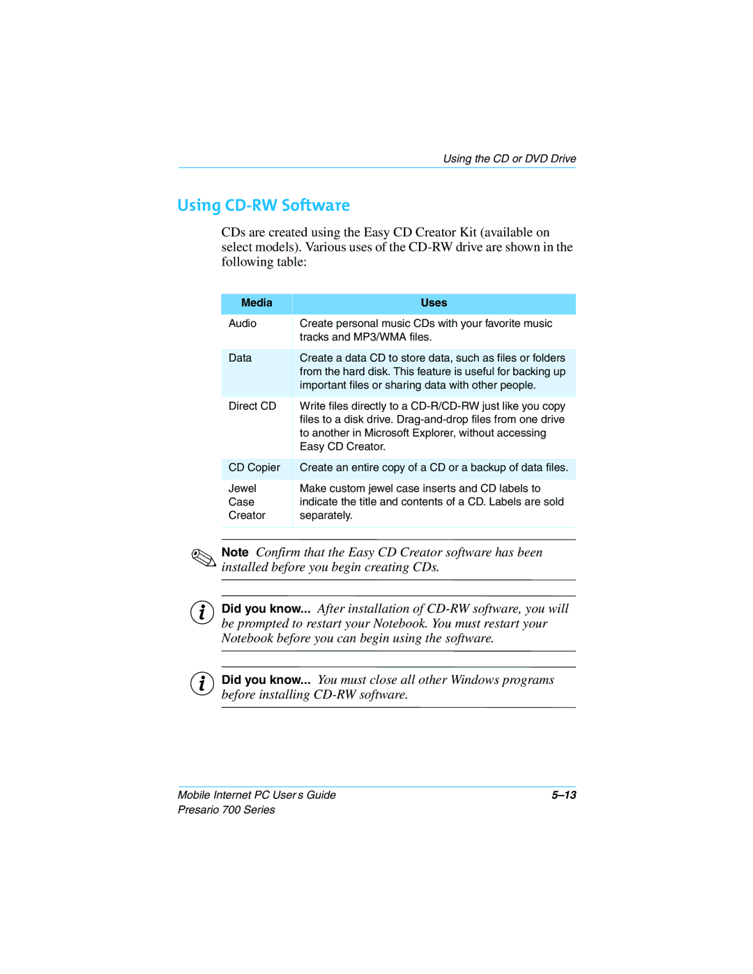 Compaq Presario 700 manual Using CD-RW Software, Media Uses 