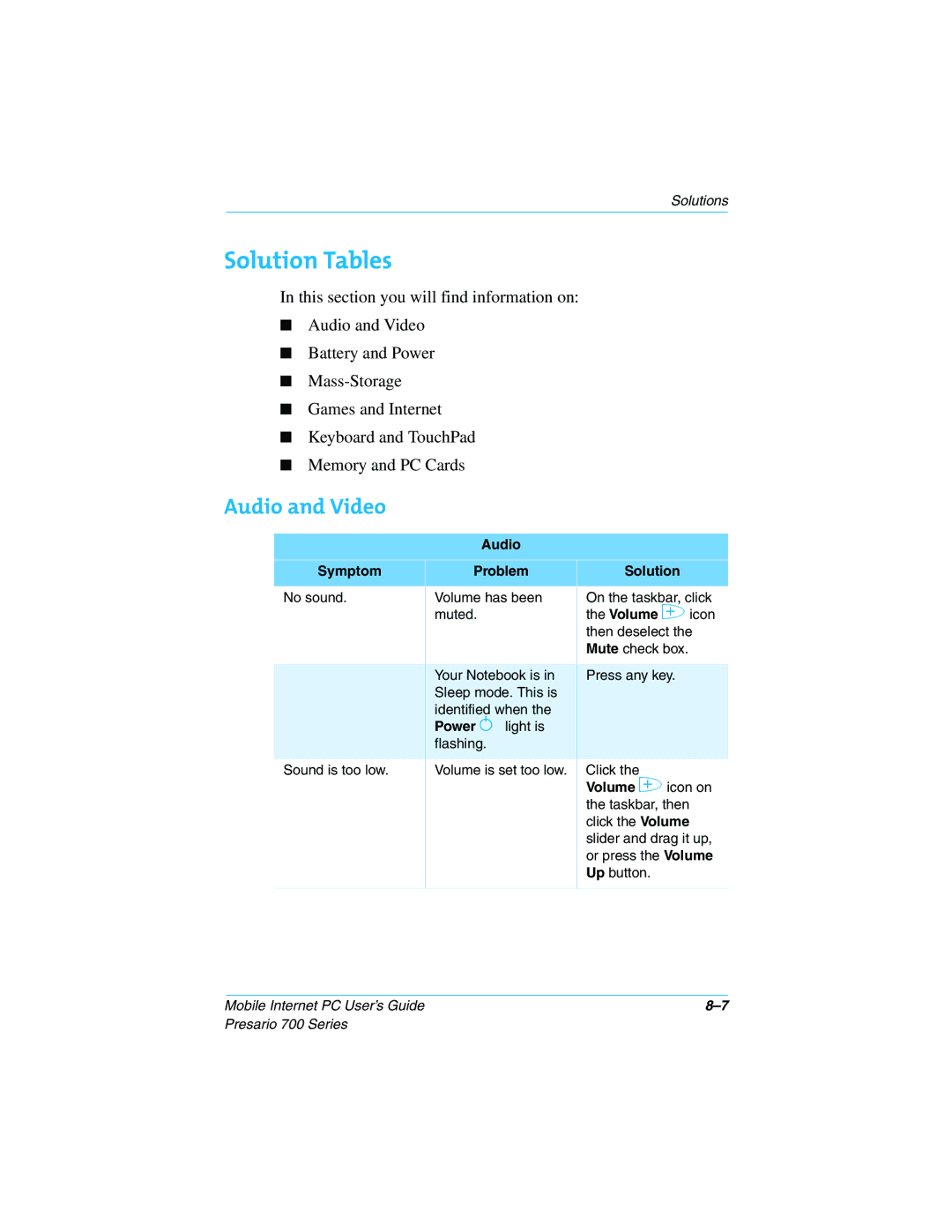 Compaq Presario 700 manual Solution Tables, Audio and Video, Audio Symptom Problem Solution, Volume icon on 