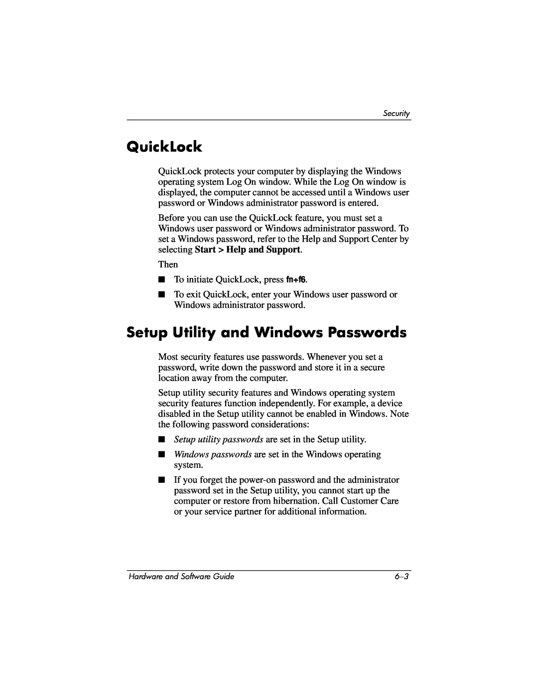 Compaq Presario M2000 manual QuickLock, Setup Utility and Windows Passwords 