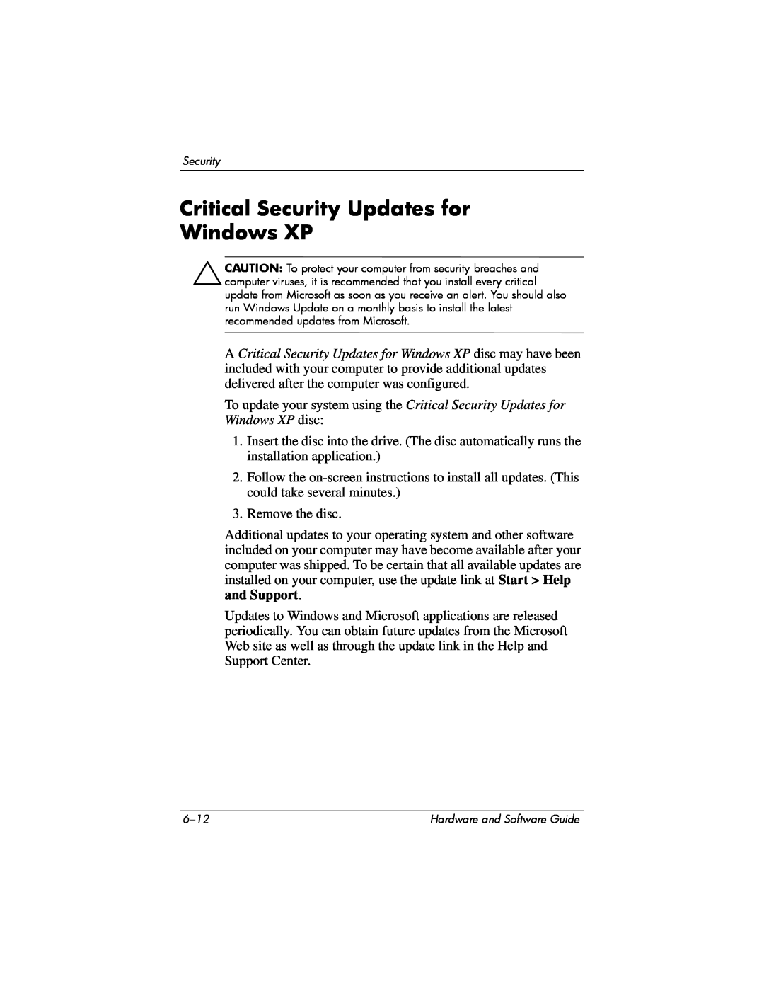 Compaq Presario M2000 manual Critical Security Updates for Windows XP 