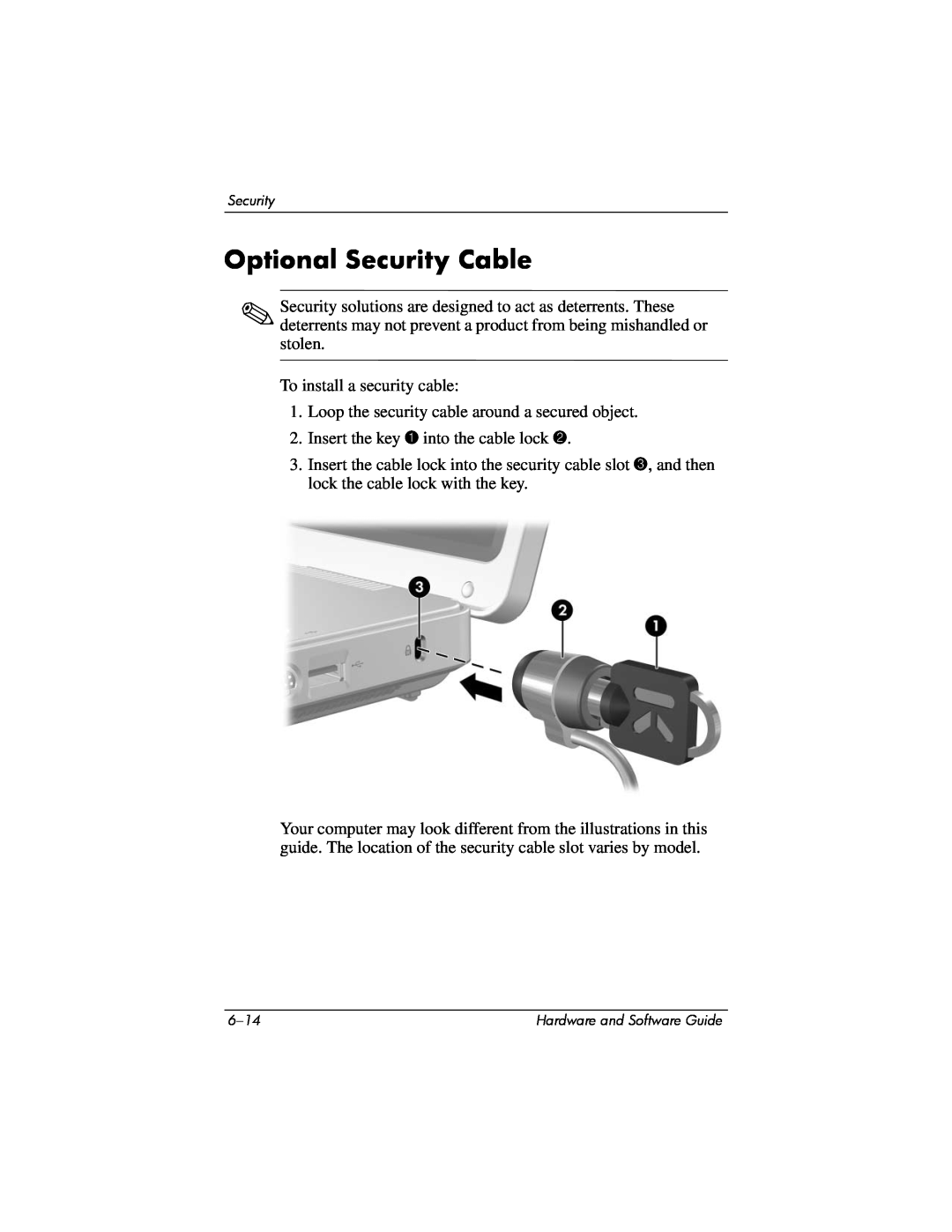 Compaq Presario M2000 manual Optional Security Cable 
