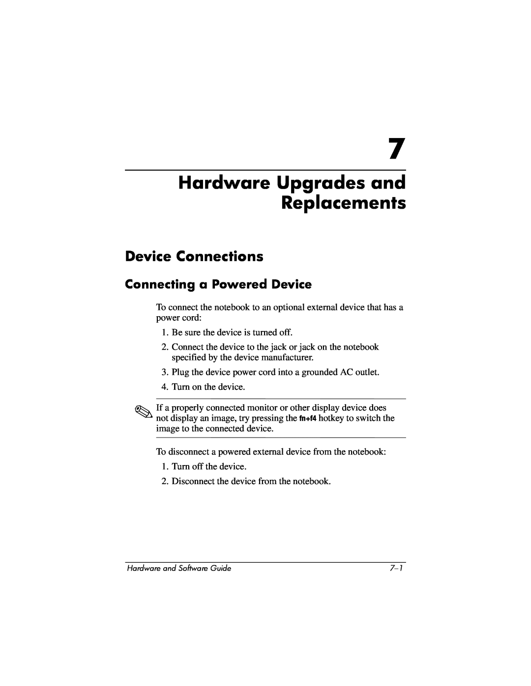 Compaq Presario M2000 manual Hardware Upgrades and Replacements, Device Connections, Connecting a Powered Device 