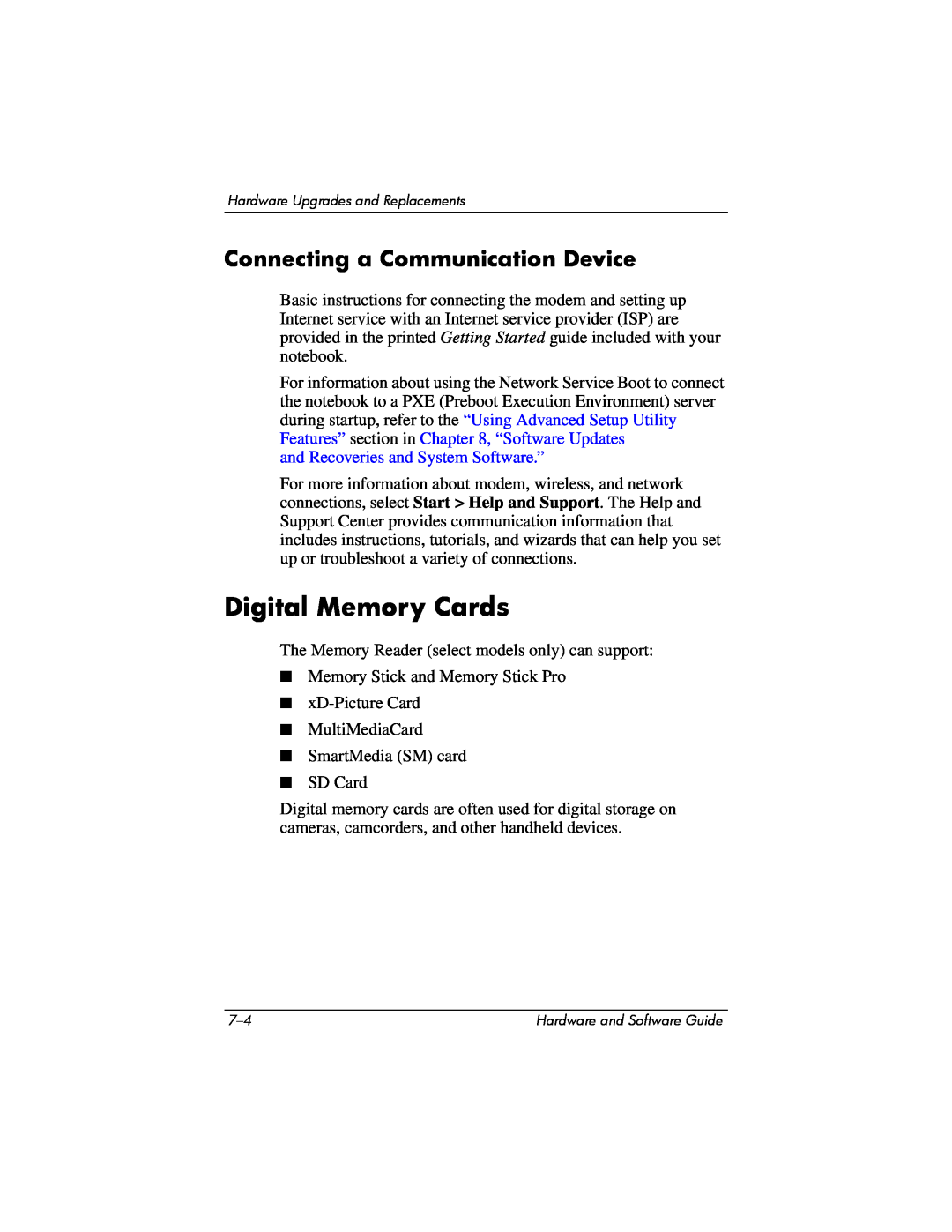 Compaq Presario M2000 manual Digital Memory Cards, Connecting a Communication Device, and Recoveries and System Software.” 