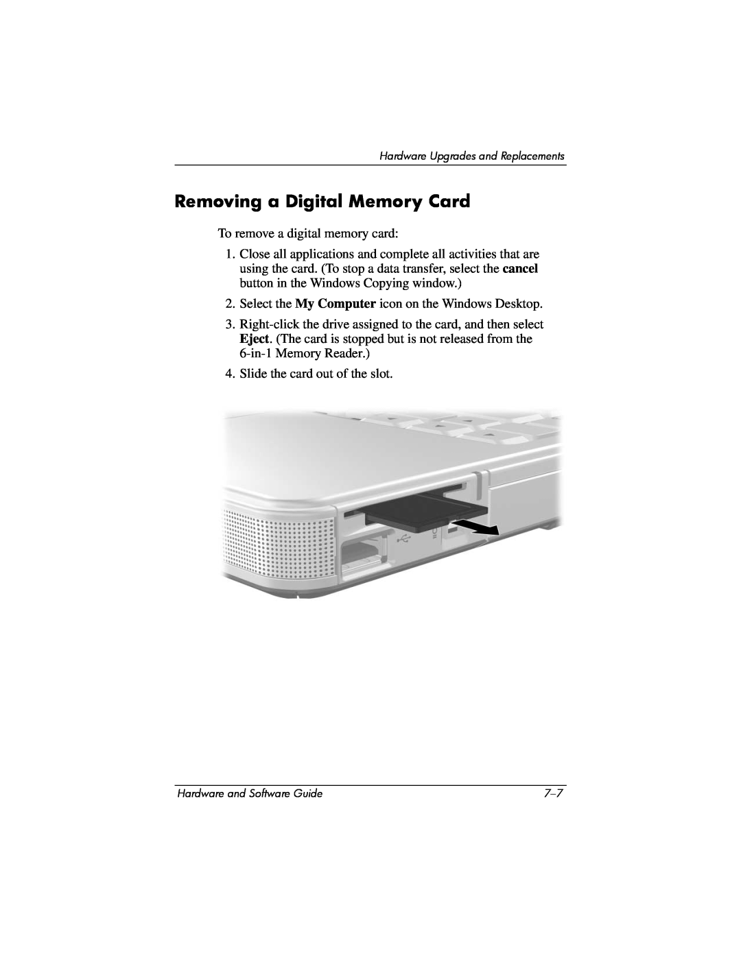 Compaq Presario M2000 manual Removing a Digital Memory Card 