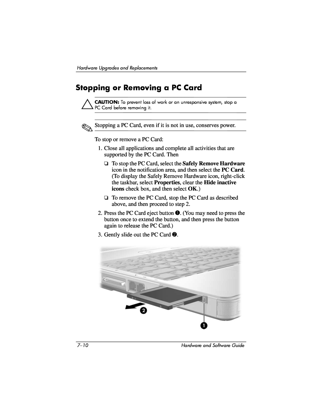 Compaq Presario M2000 manual Stopping or Removing a PC Card 