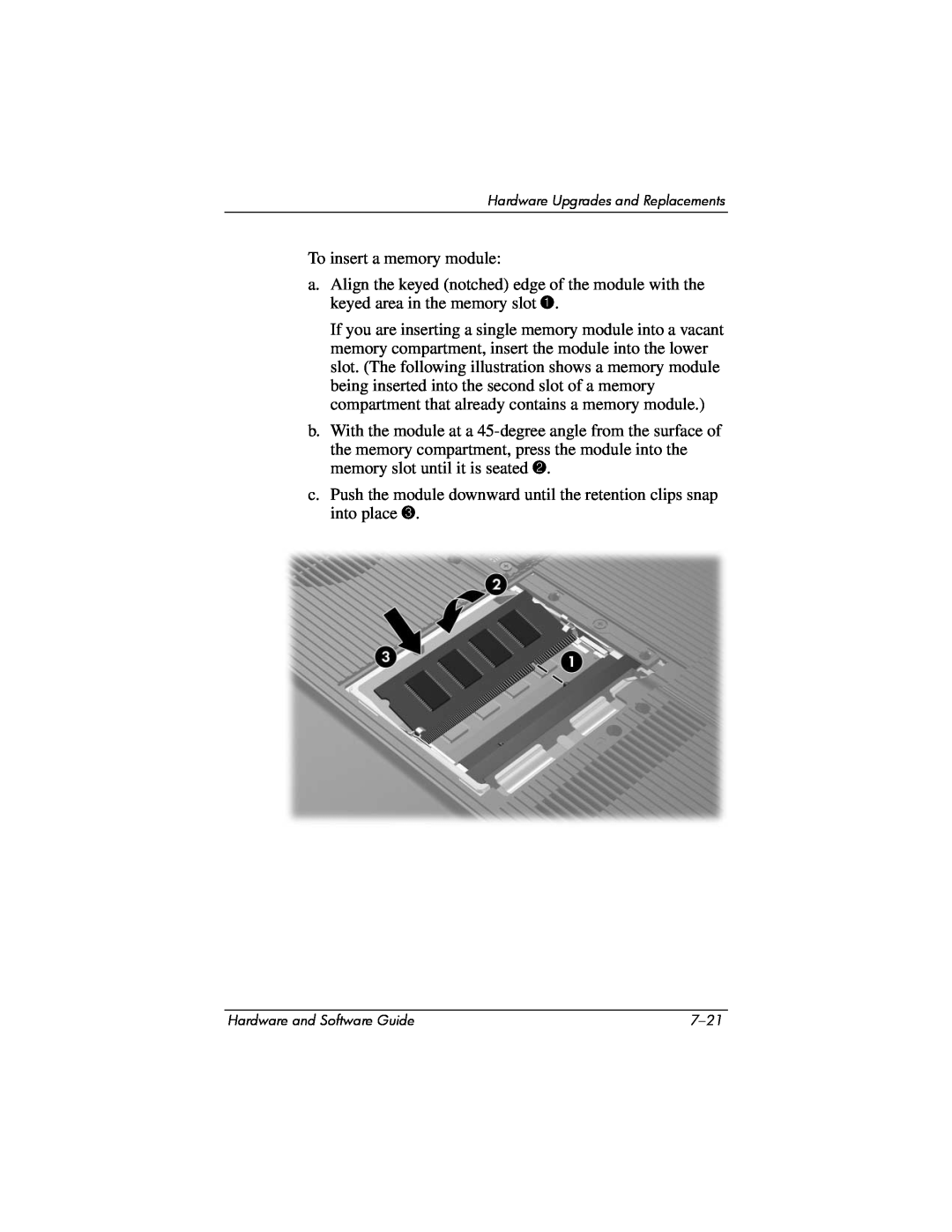 Compaq Presario M2000 manual To insert a memory module 