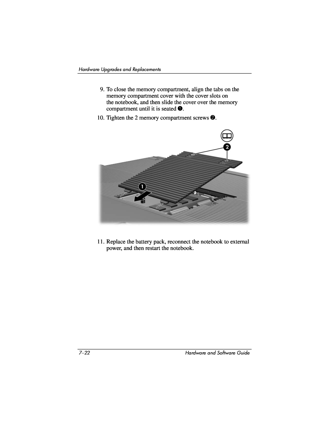 Compaq Presario M2000 manual Tighten the 2 memory compartment screws 