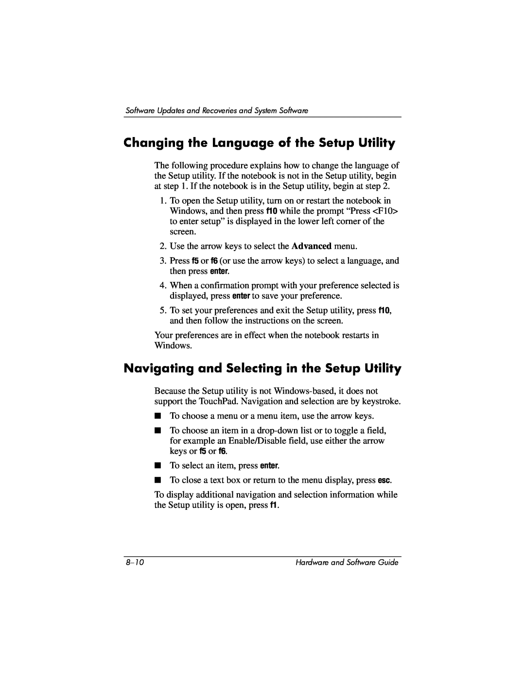 Compaq Presario M2000 manual Changing the Language of the Setup Utility, Navigating and Selecting in the Setup Utility 