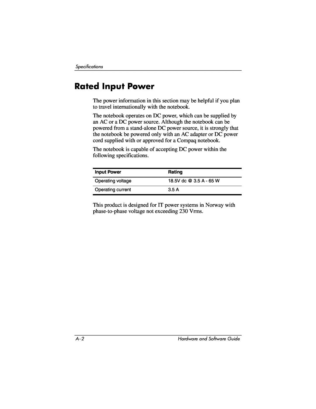 Compaq Presario M2000 manual Rated Input Power, Rating 