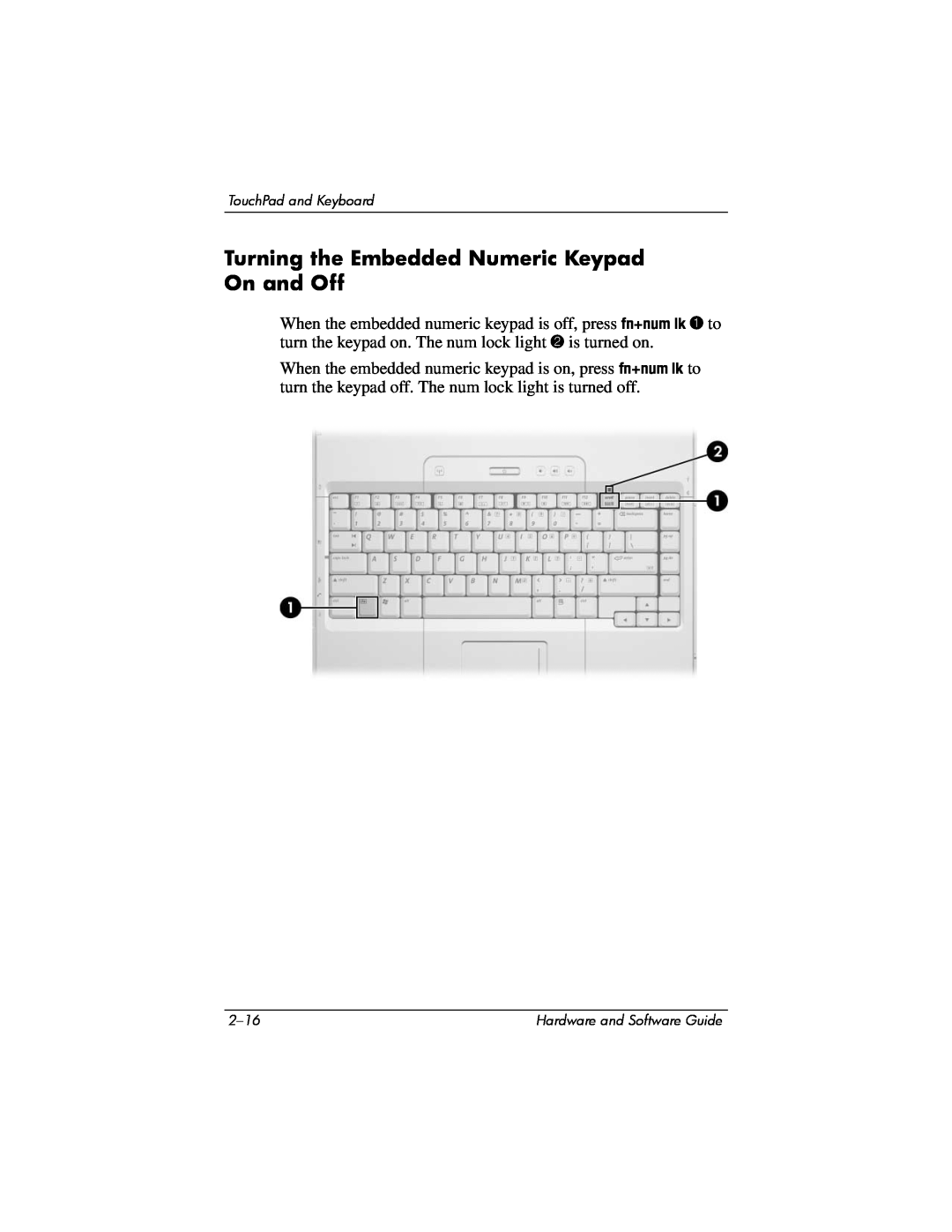 Compaq Presario M2000 manual Turning the Embedded Numeric Keypad On and Off 