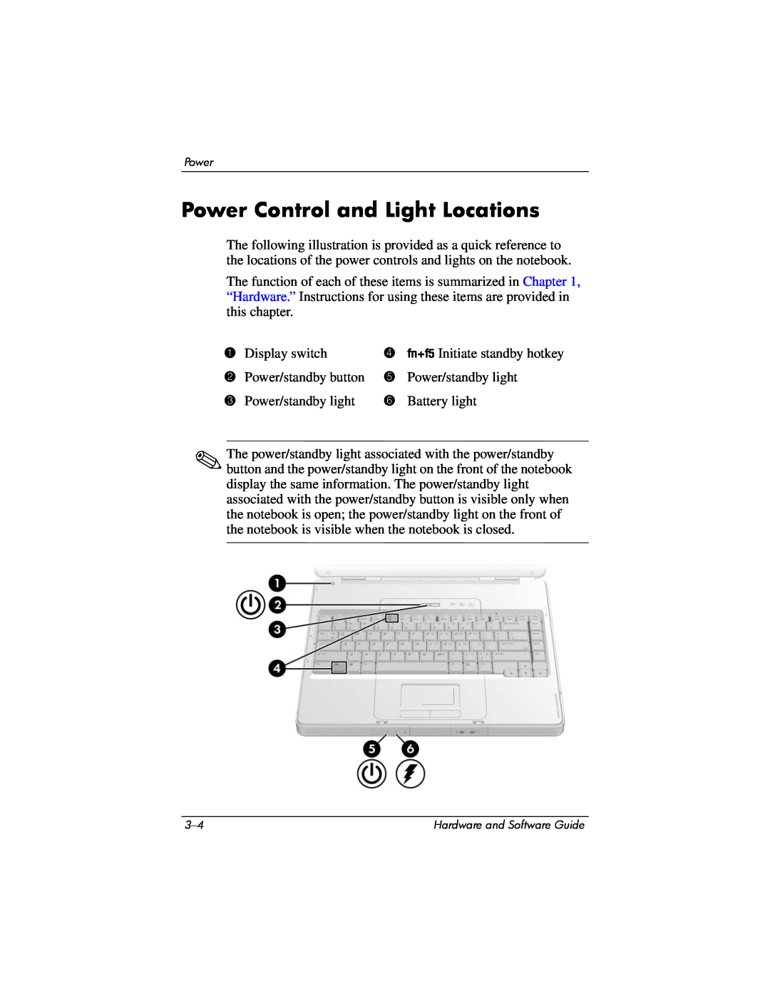 Compaq Presario M2000 manual Power Control and Light Locations, fn+f5 Initiate standby hotkey 