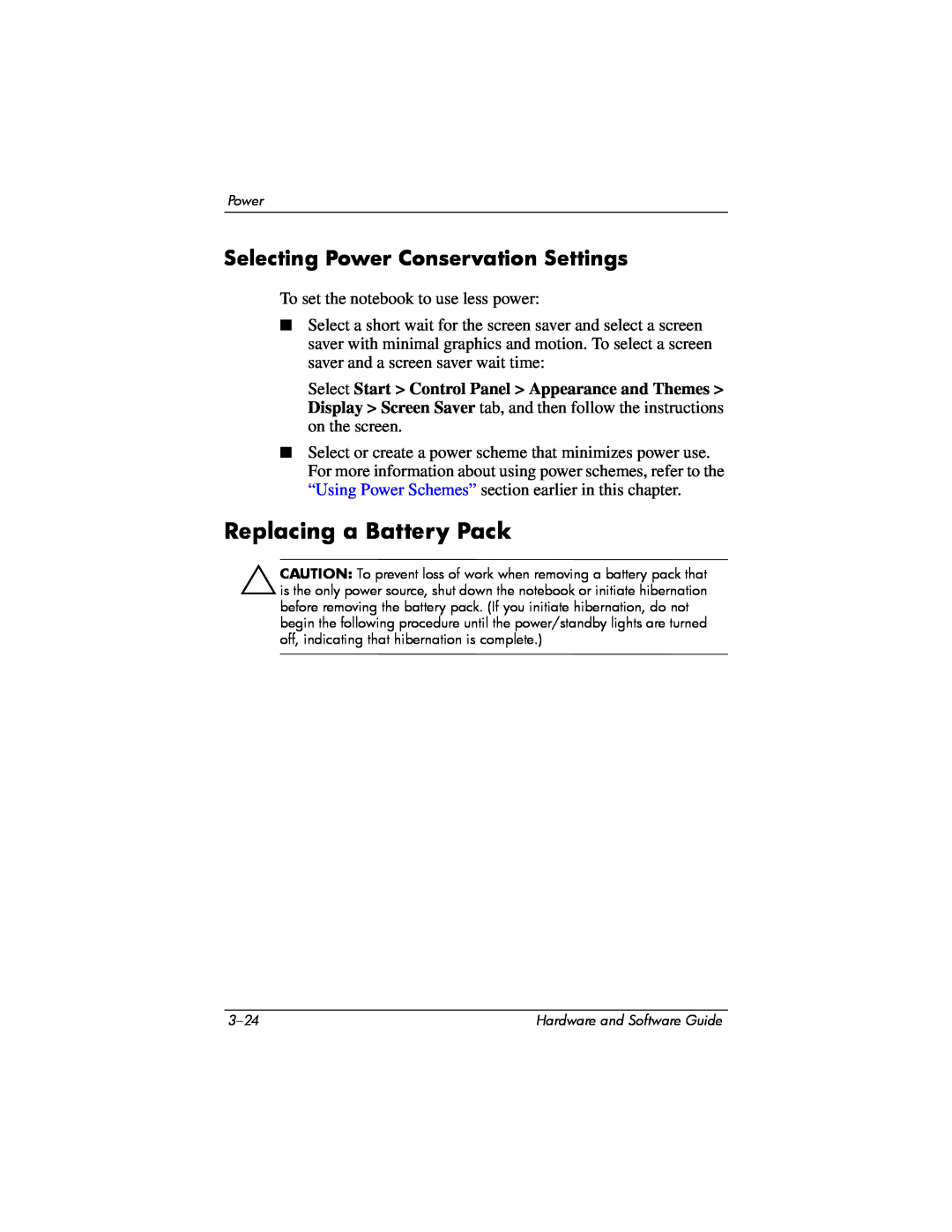 Compaq Presario M2000 manual Replacing a Battery Pack, Selecting Power Conservation Settings 