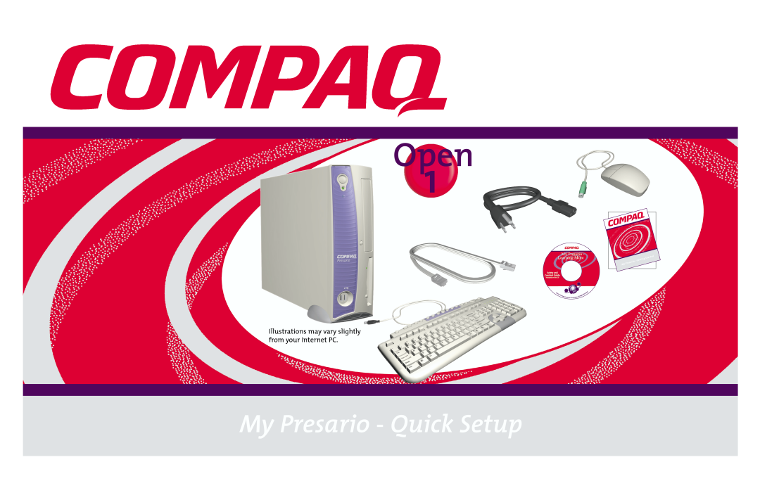Compaq manual Open, My Presario - Quick Setup, Illustrations may vary slightly from your Internet PC 