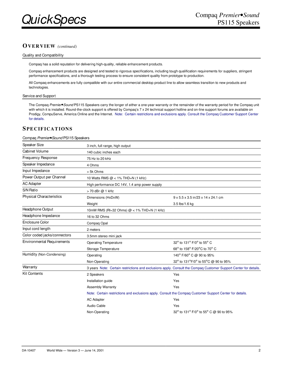 Compaq PS115 manual Pecifications 