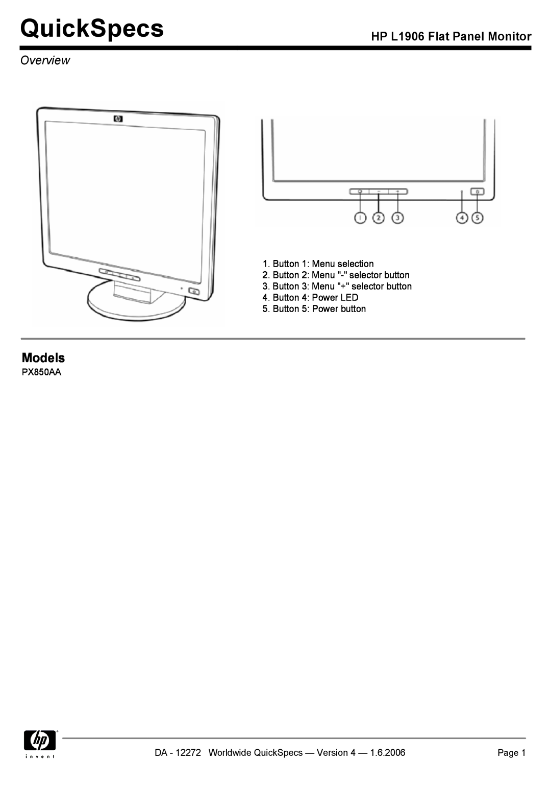 Compaq PX850AA manual QuickSpecs, HP L1906 Flat Panel Monitor, Overview, Models 