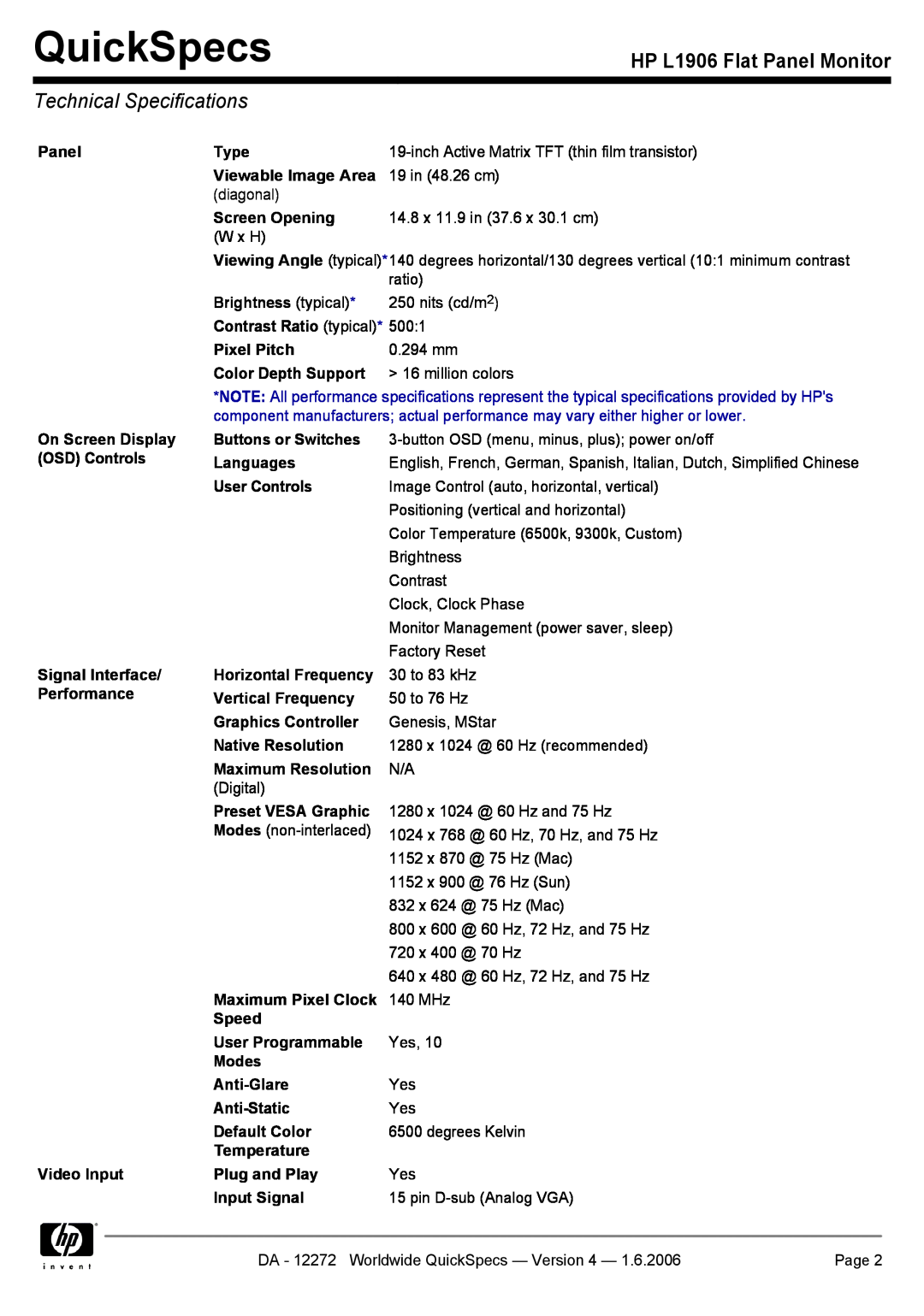 Compaq PX850AA manual Technical Specifications, QuickSpecs, HP L1906 Flat Panel Monitor 