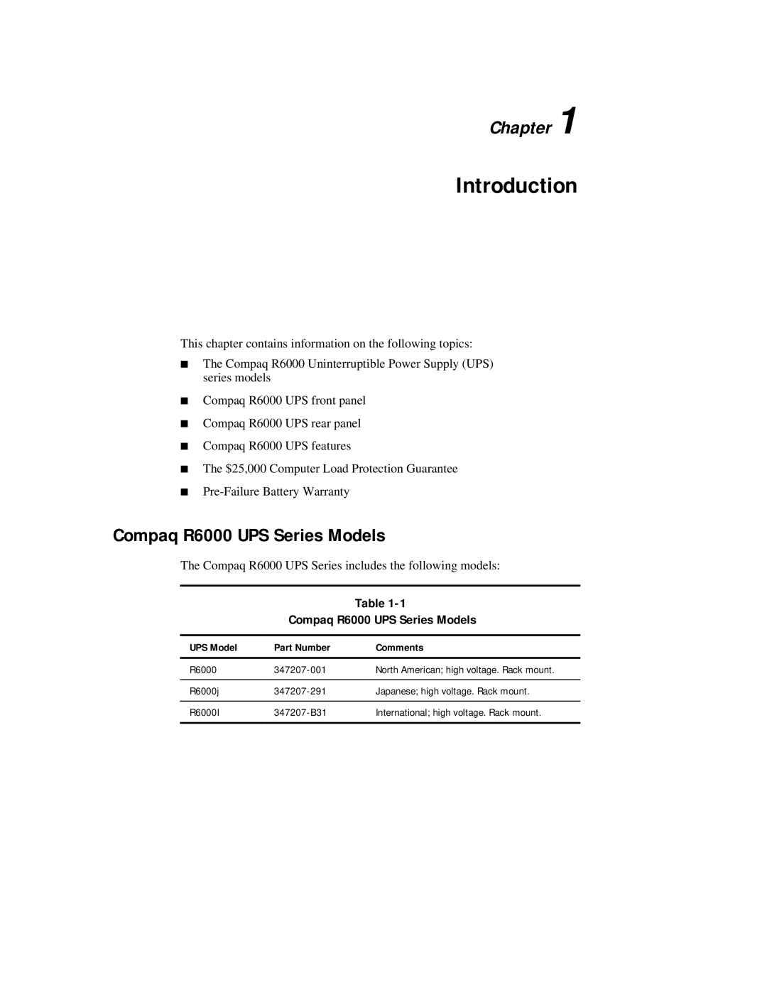 Compaq R6000 Series manual Introduction, Compaq R6000 UPS Series Models, UPS Model Part Number Comments 