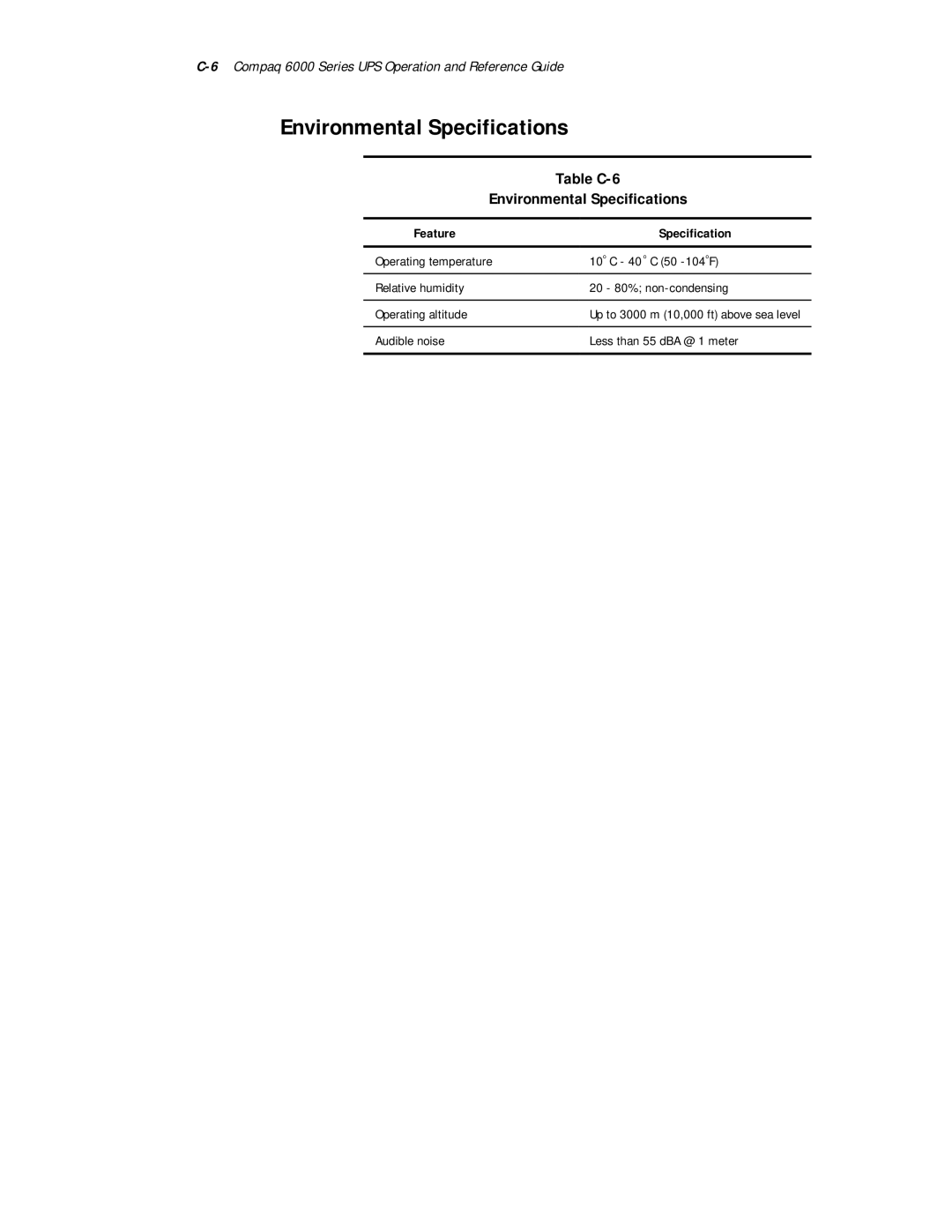 Compaq R6000 Series manual Table C-6 Environmental Specifications 