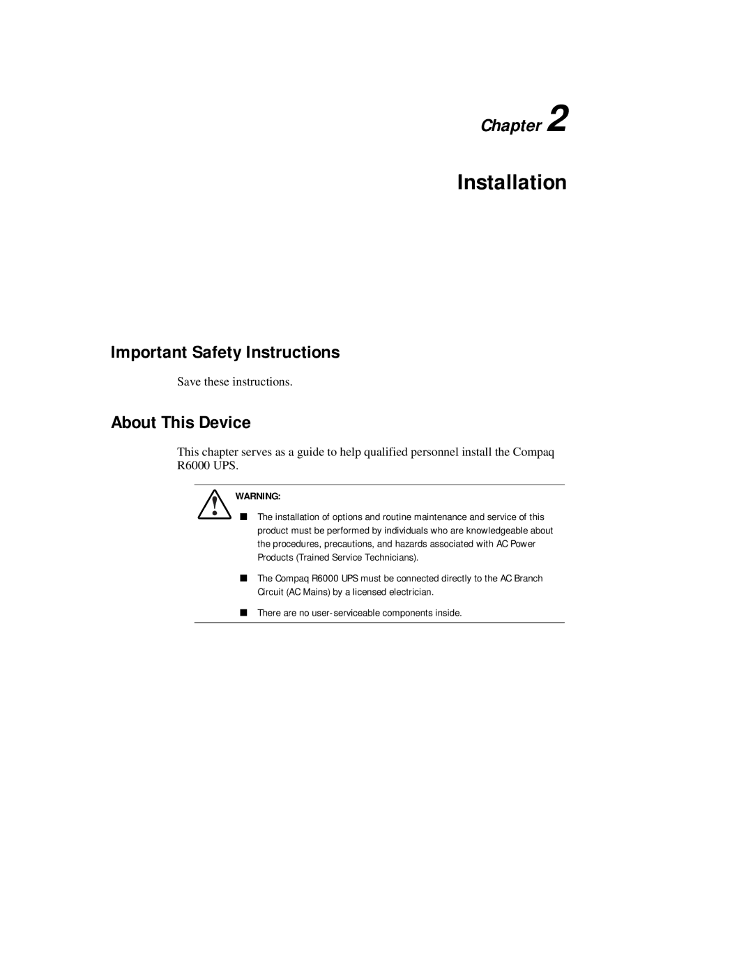 Compaq R6000 Series manual Installation, Important Safety Instructions About This Device 