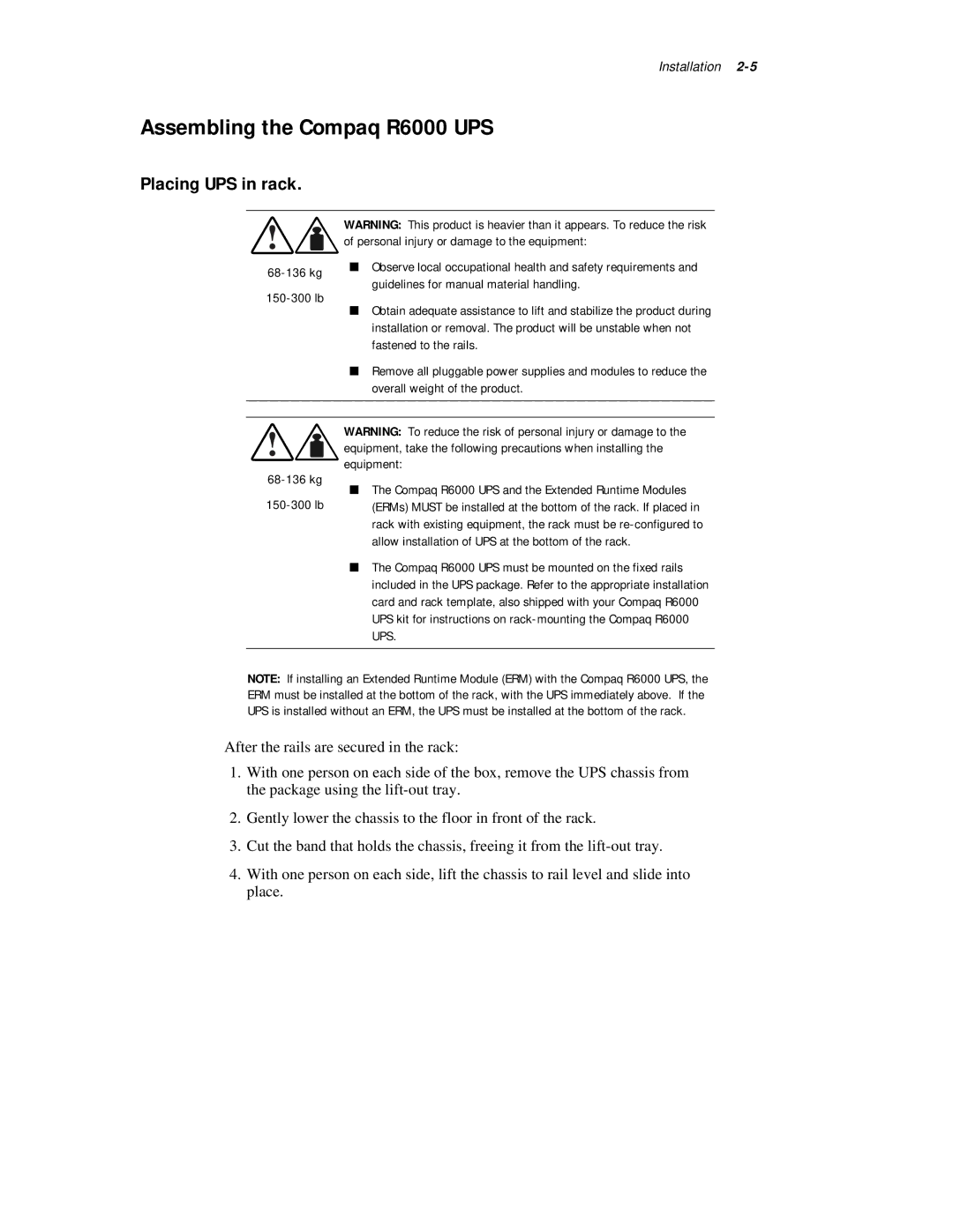 Compaq R6000 Series manual Assembling the Compaq R6000 UPS, Placing UPS in rack 