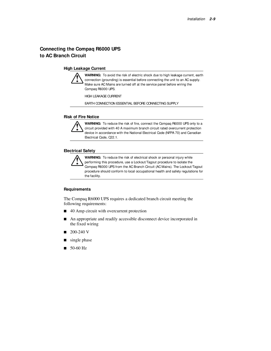 Compaq R6000 Series manual Connecting the Compaq R6000 UPS to AC Branch Circuit, High Leakage Current 