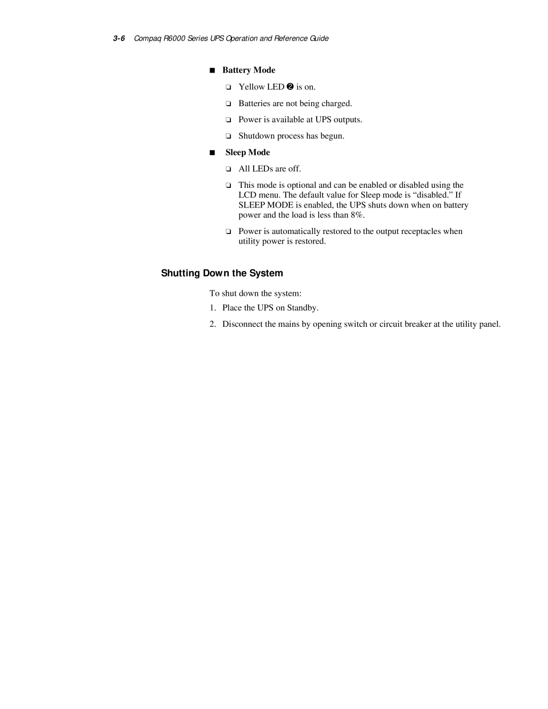 Compaq R6000 Series manual Battery Mode 