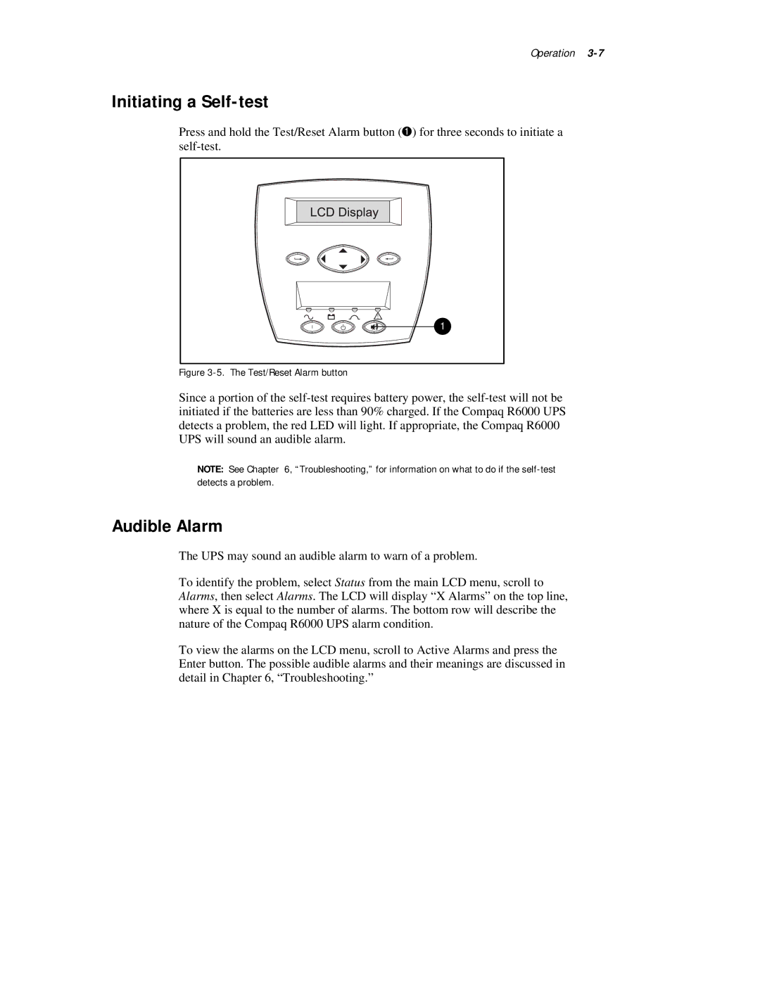 Compaq R6000 Series manual Initiating a Self-test, Audible Alarm 