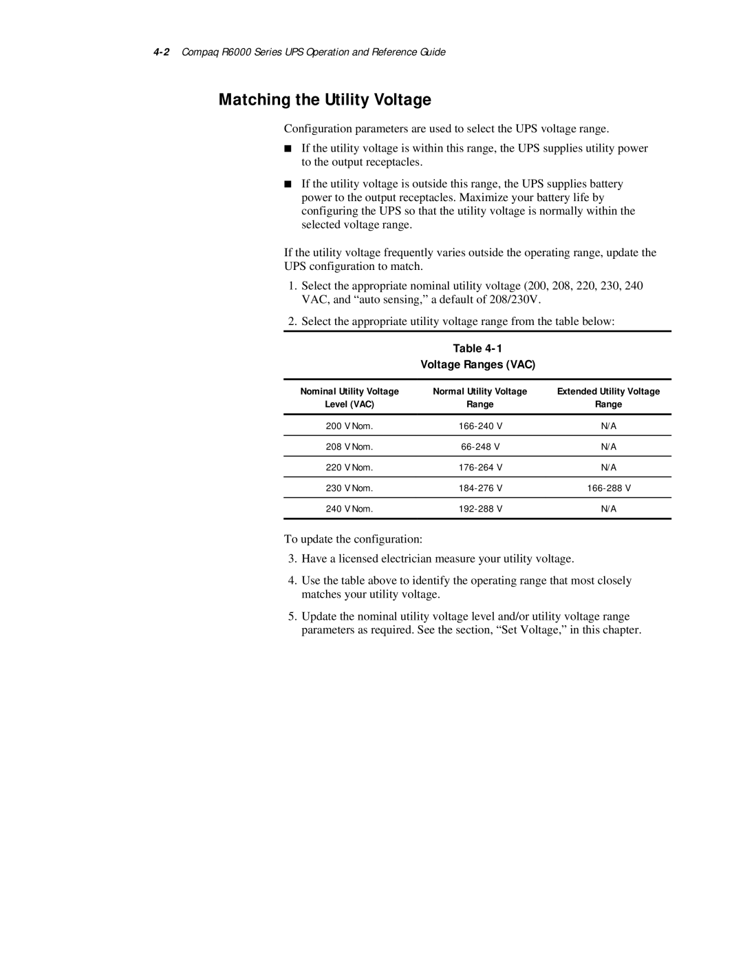 Compaq R6000 Series manual Matching the Utility Voltage, Voltage Ranges VAC 