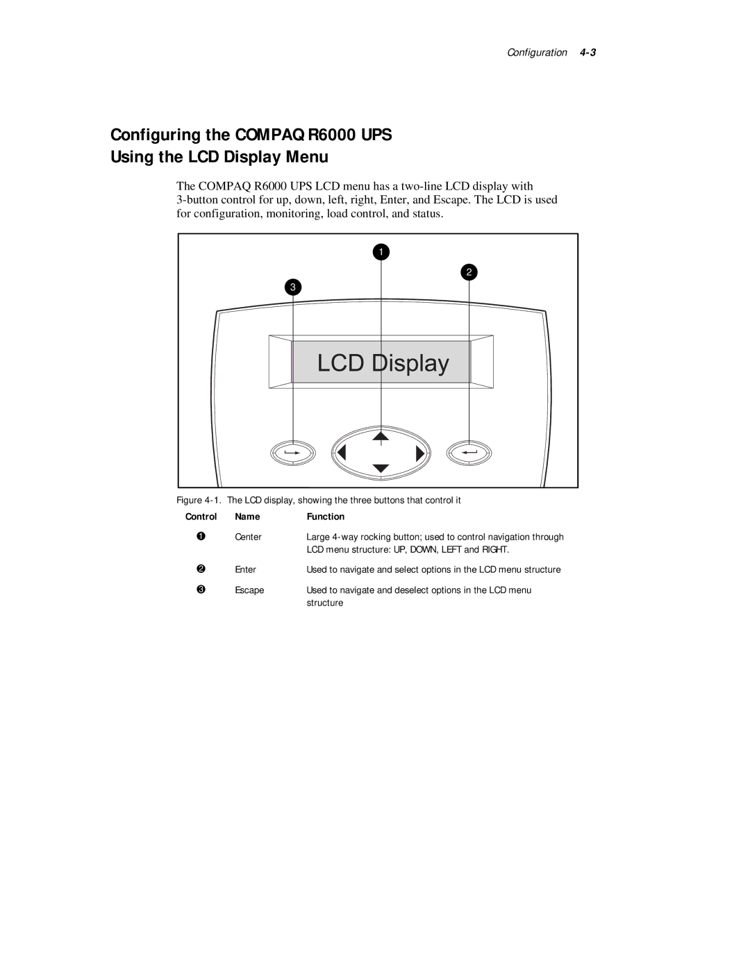 Compaq R6000 Series manual Configuring the Compaq R6000 UPS Using the LCD Display Menu 