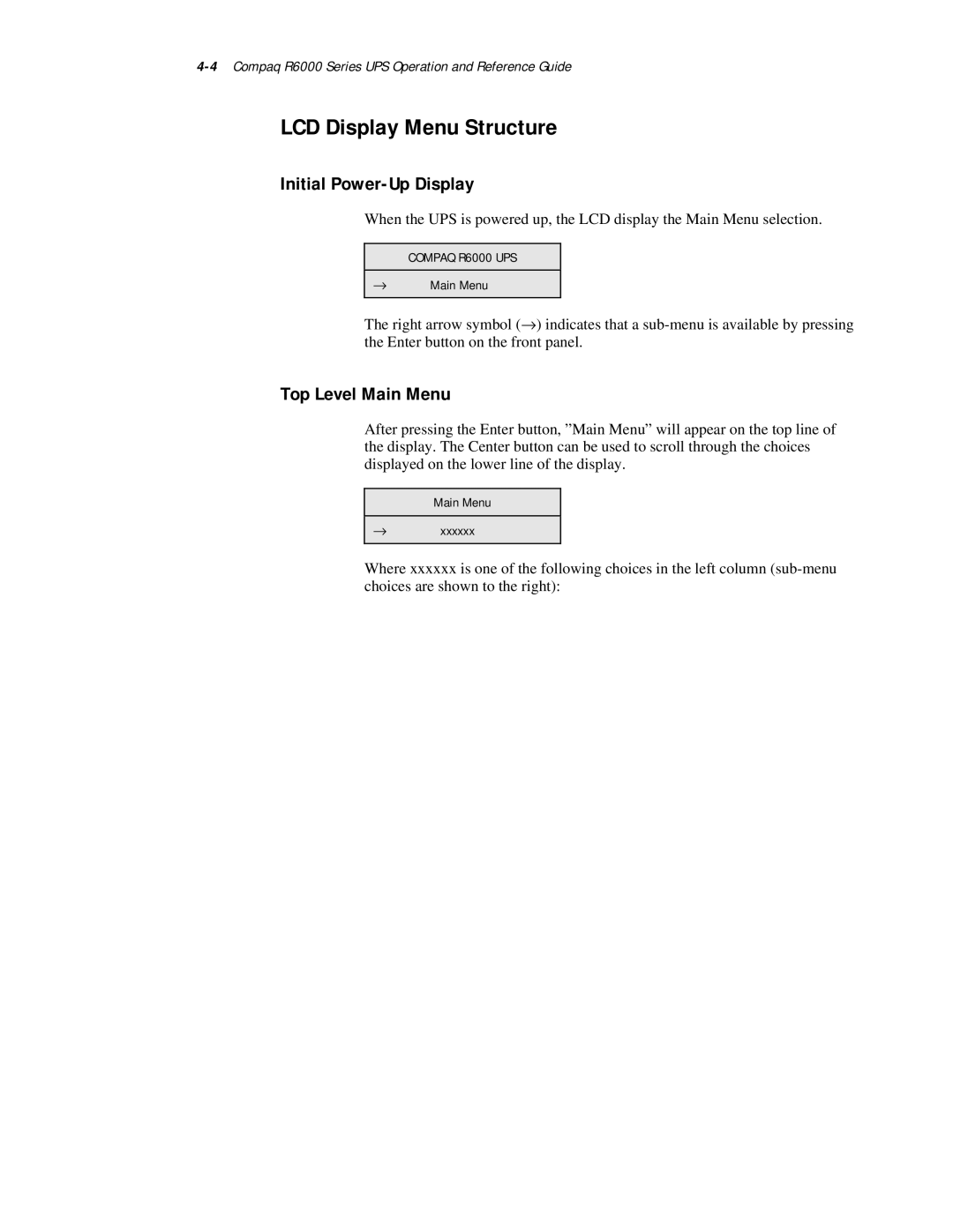 Compaq R6000 Series manual LCD Display Menu Structure, Initial Power-Up Display, Top Level Main Menu 