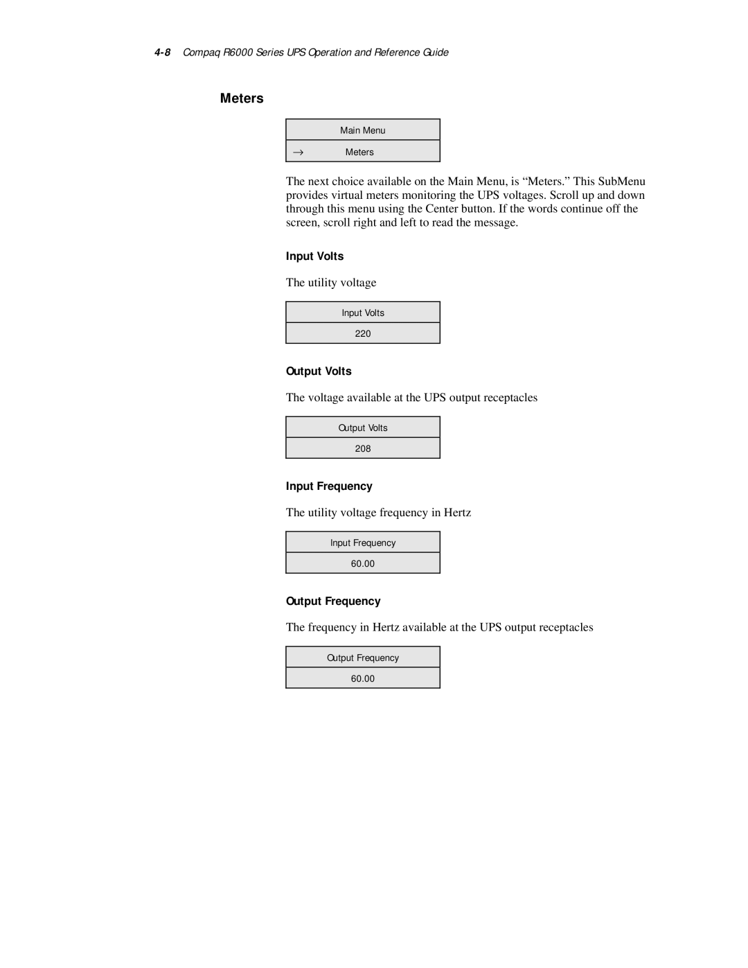 Compaq R6000 Series manual Meters, Input Volts, Output Volts, Input Frequency, Output Frequency 