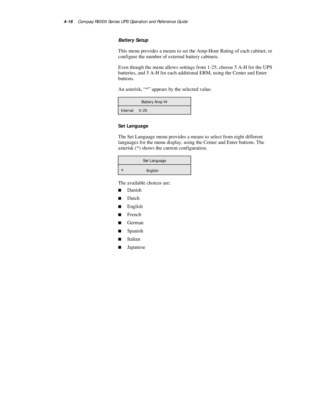 Compaq R6000 Series manual Battery Setup, Set Language 