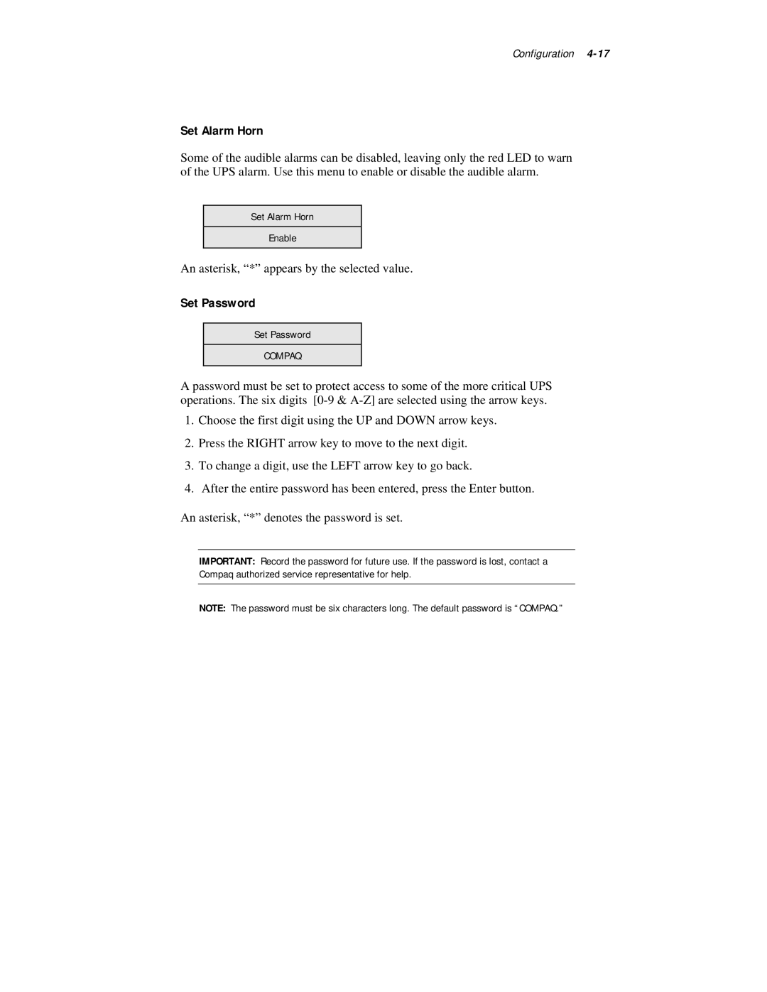 Compaq R6000 Series manual Set Alarm Horn, Set Password 