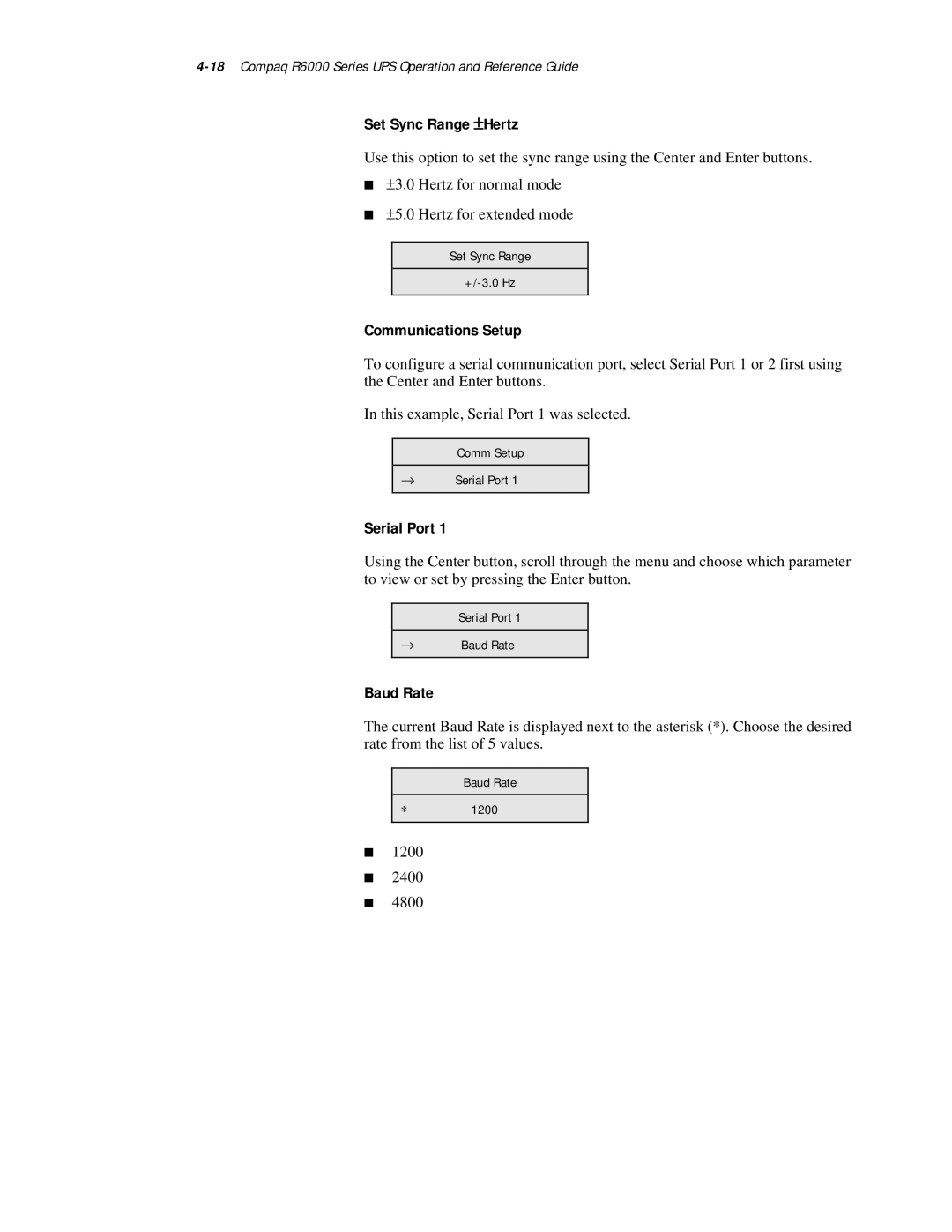 Compaq R6000 Series manual Set Sync Range ±Hertz, Communications Setup, Serial Port, Baud Rate 