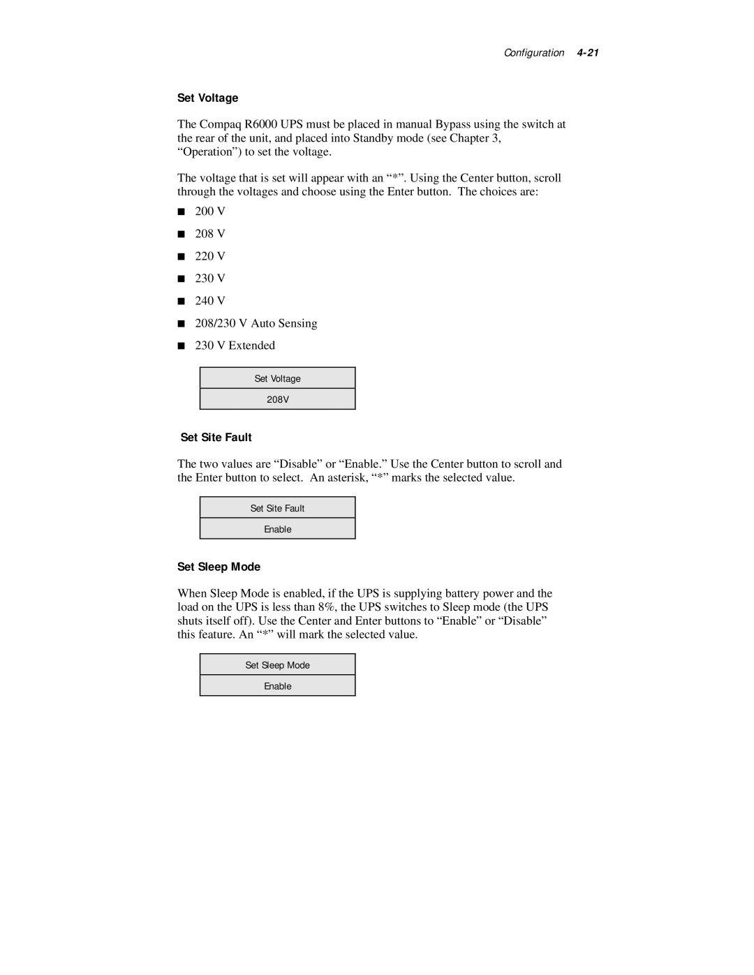 Compaq R6000 Series manual Set Voltage, Set Site Fault, Set Sleep Mode 