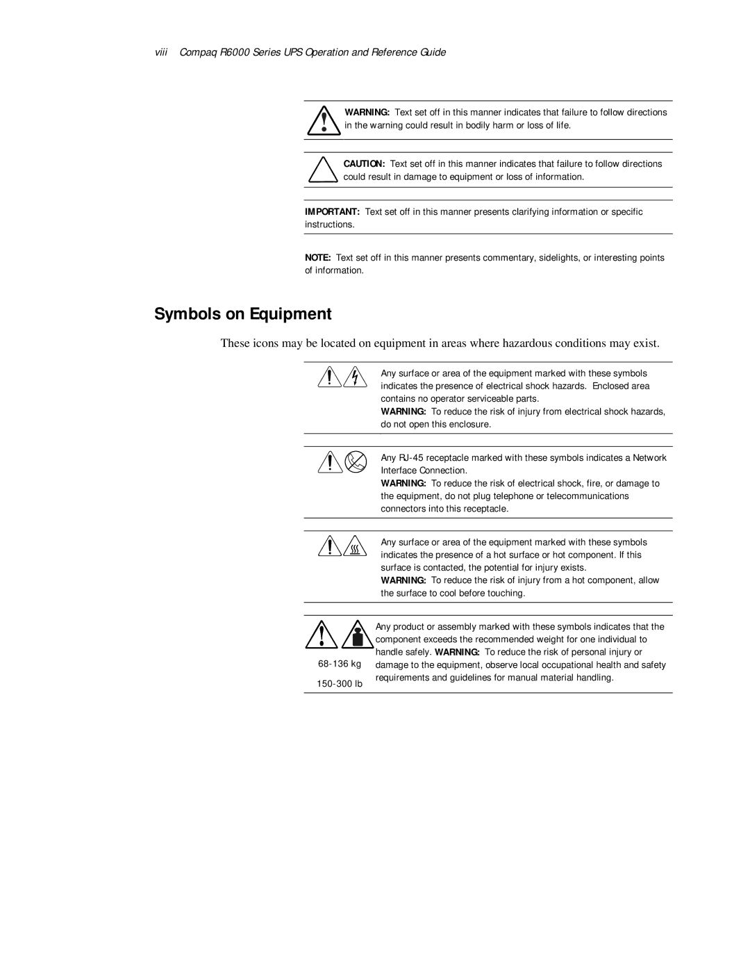 Compaq manual Symbols on Equipment, Viii Compaq R6000 Series UPS Operation and Reference Guide 