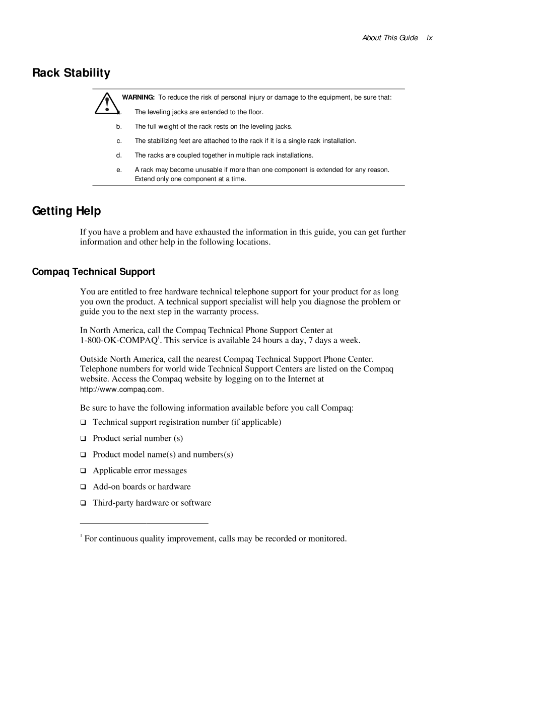 Compaq R6000 Series manual Rack Stability, Getting Help, Compaq Technical Support 