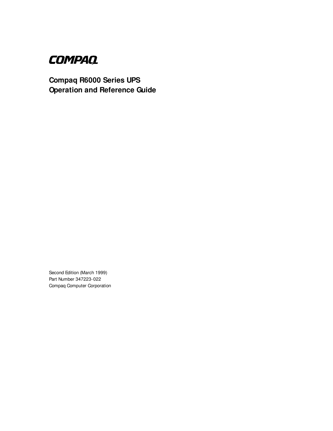 Compaq manual Compaq R6000 Series UPS Operation and Reference Guide 