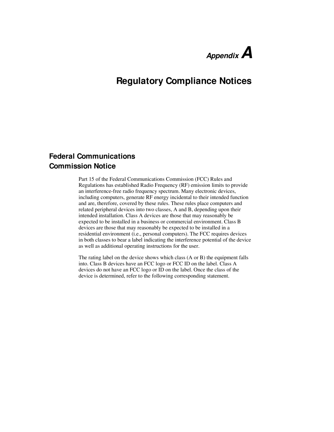 Compaq R6000 Series manual Regulatory Compliance Notices, Appendix A, Federal Communications Commission Notice 