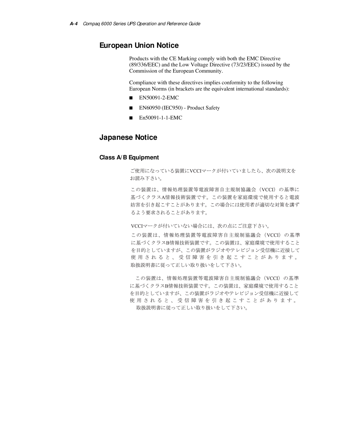 Compaq R6000 Series manual European Union Notice, Japanese Notice, Class A/B Equipment 