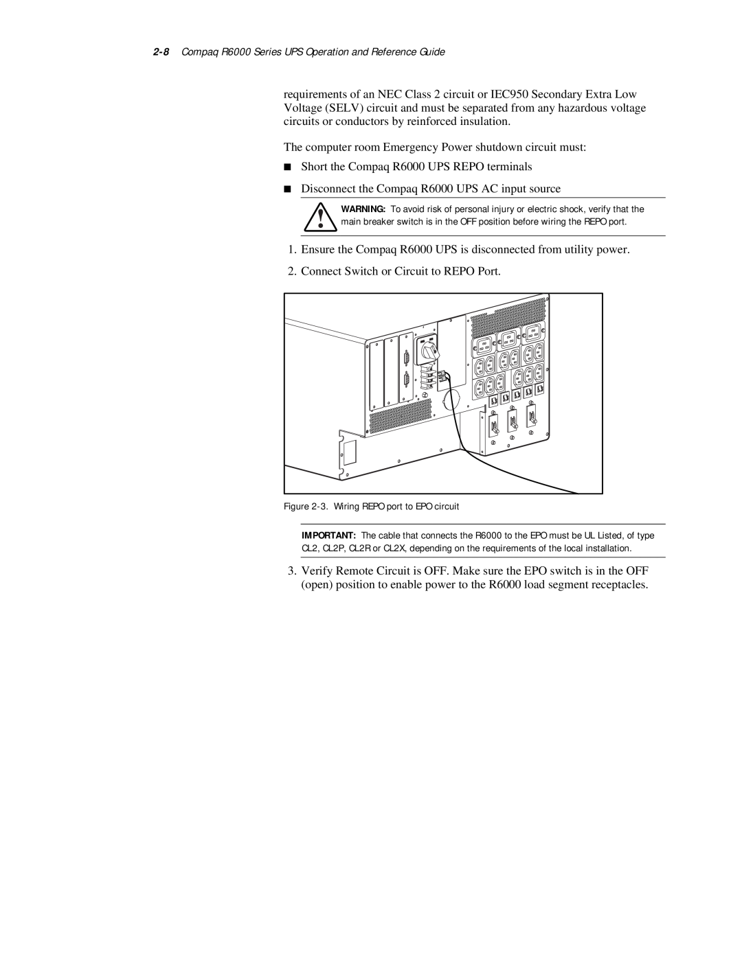 Compaq Compaq R6000 Series UPS Operation and Reference Guide, The computer room Emergency Power shutdown circuit must 